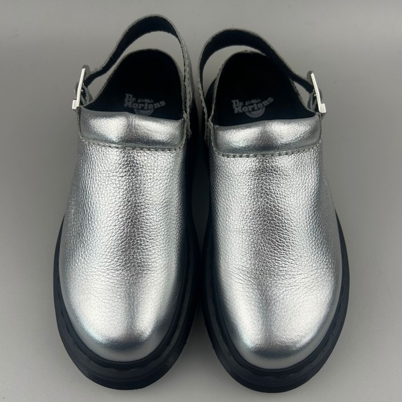 Dr Martens Laketen Women Size 8 Silver Metallic Leather Slingback Clog Mules NEW - Picture 3 of 7